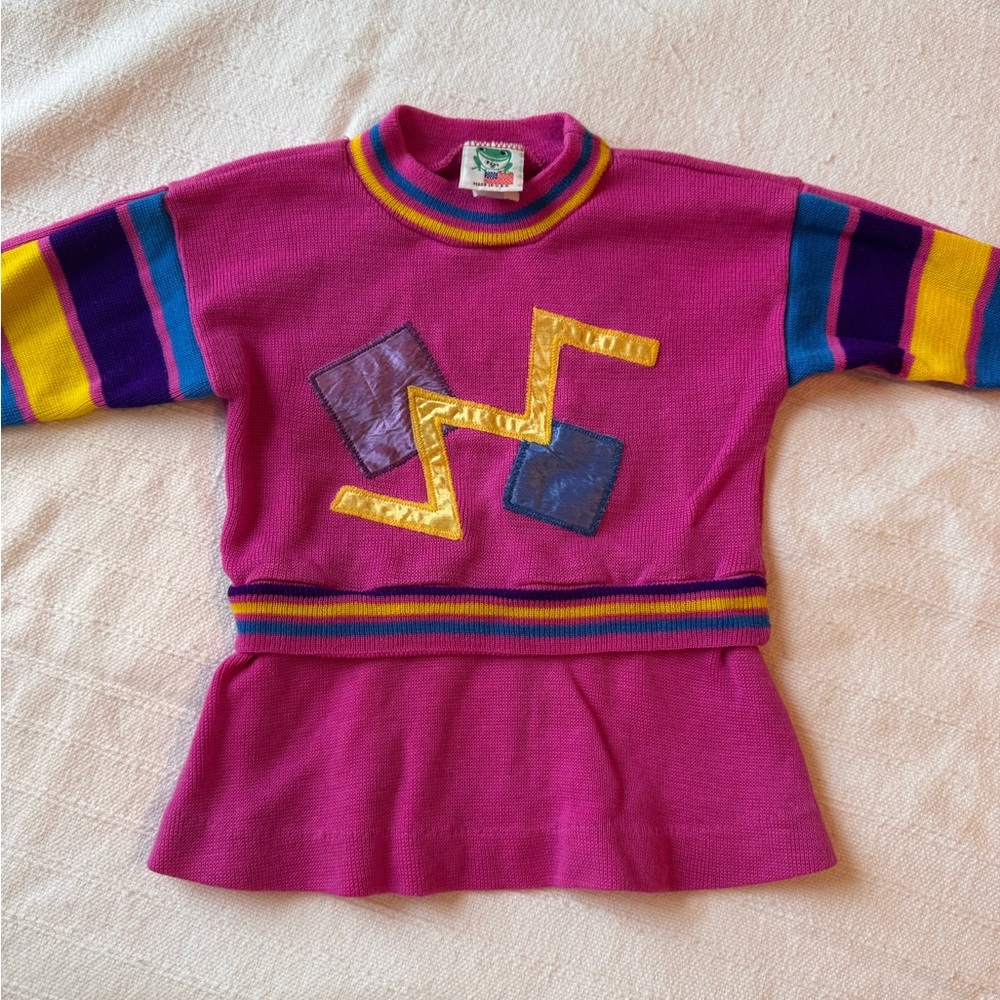 Vintage Kids 2T Fuchsia Knit Dress with Colorblock Sleeves